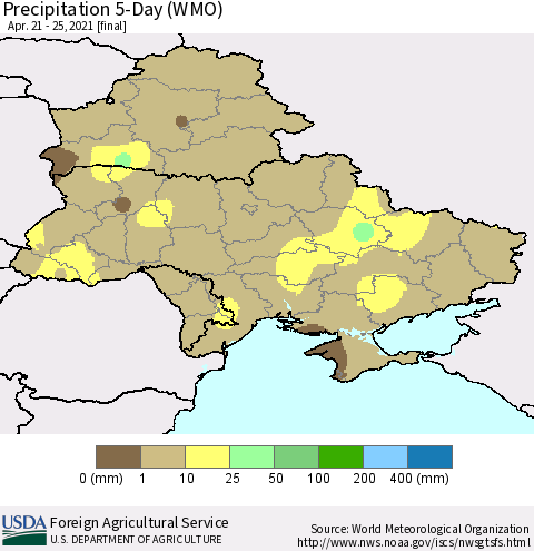 Ukraine, Moldova and Belarus Precipitation 5-Day (WMO) Thematic Map For 4/21/2021 - 4/25/2021