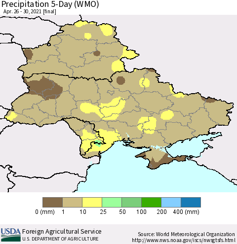 Ukraine, Moldova and Belarus Precipitation 5-Day (WMO) Thematic Map For 4/26/2021 - 4/30/2021