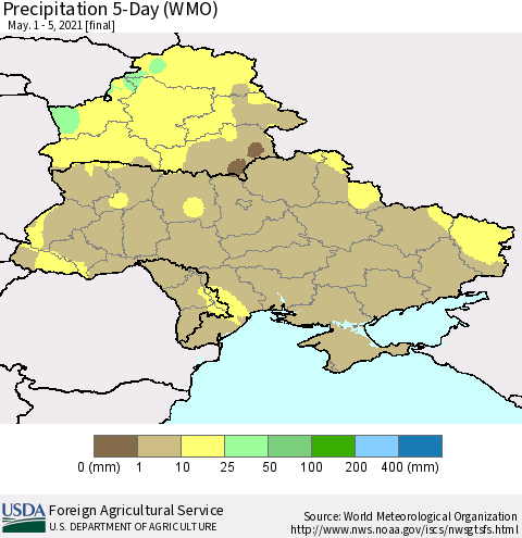 Ukraine, Moldova and Belarus Precipitation 5-Day (WMO) Thematic Map For 5/1/2021 - 5/5/2021