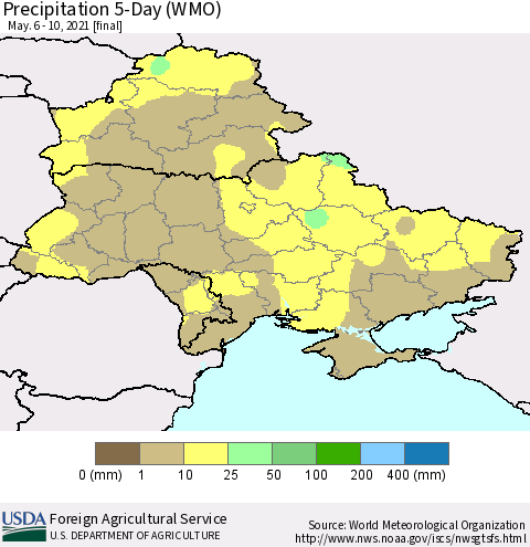 Ukraine, Moldova and Belarus Precipitation 5-Day (WMO) Thematic Map For 5/6/2021 - 5/10/2021