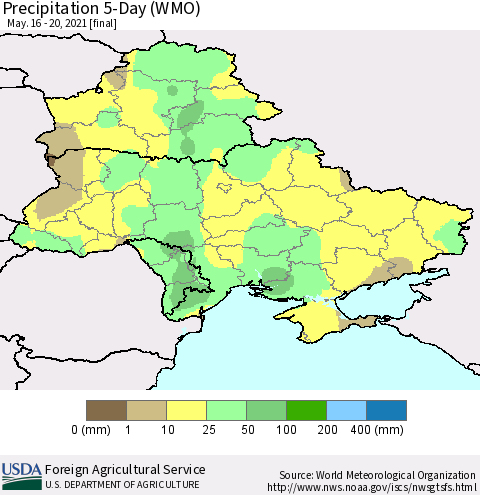 Ukraine, Moldova and Belarus Precipitation 5-Day (WMO) Thematic Map For 5/16/2021 - 5/20/2021