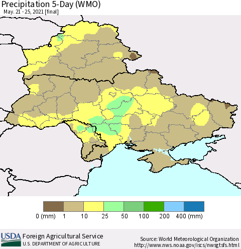 Ukraine, Moldova and Belarus Precipitation 5-Day (WMO) Thematic Map For 5/21/2021 - 5/25/2021