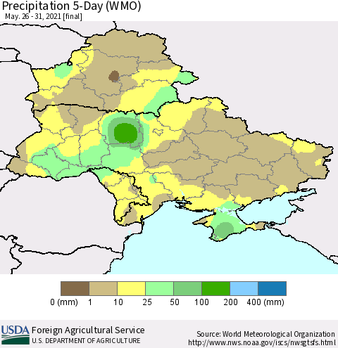Ukraine, Moldova and Belarus Precipitation 5-Day (WMO) Thematic Map For 5/26/2021 - 5/31/2021