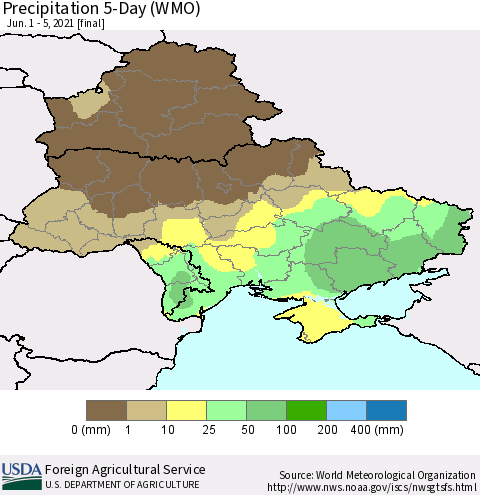 Ukraine, Moldova and Belarus Precipitation 5-Day (WMO) Thematic Map For 6/1/2021 - 6/5/2021