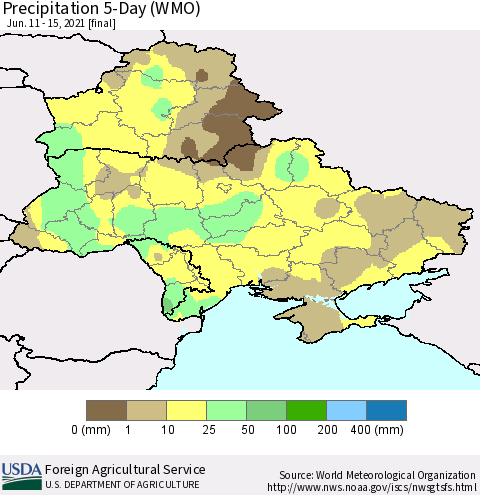 Ukraine, Moldova and Belarus Precipitation 5-Day (WMO) Thematic Map For 6/11/2021 - 6/15/2021