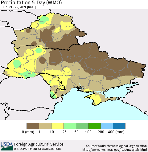 Ukraine, Moldova and Belarus Precipitation 5-Day (WMO) Thematic Map For 6/21/2021 - 6/25/2021
