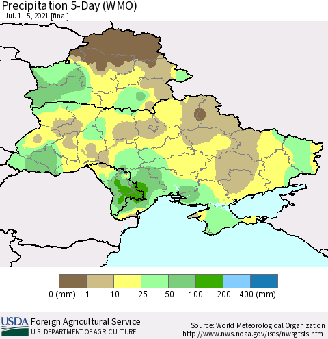 Ukraine, Moldova and Belarus Precipitation 5-Day (WMO) Thematic Map For 7/1/2021 - 7/5/2021