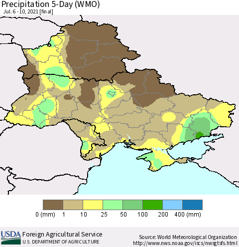 Ukraine, Moldova and Belarus Precipitation 5-Day (WMO) Thematic Map For 7/6/2021 - 7/10/2021
