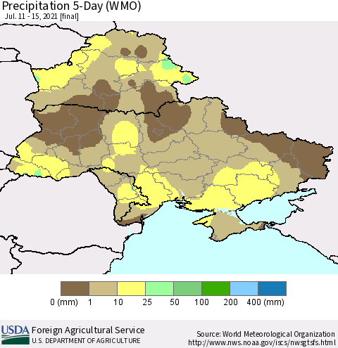Ukraine, Moldova and Belarus Precipitation 5-Day (WMO) Thematic Map For 7/11/2021 - 7/15/2021