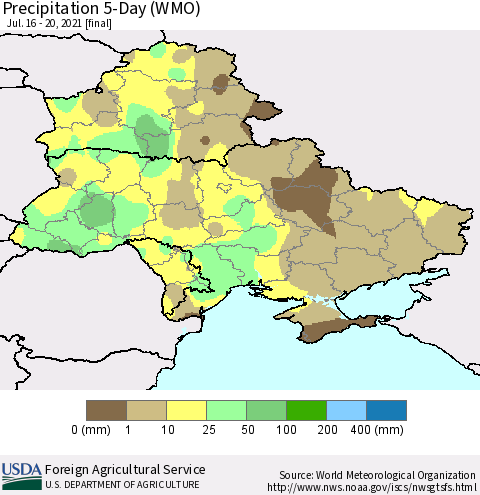 Ukraine, Moldova and Belarus Precipitation 5-Day (WMO) Thematic Map For 7/16/2021 - 7/20/2021