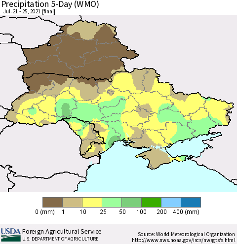 Ukraine, Moldova and Belarus Precipitation 5-Day (WMO) Thematic Map For 7/21/2021 - 7/25/2021