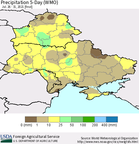 Ukraine, Moldova and Belarus Precipitation 5-Day (WMO) Thematic Map For 7/26/2021 - 7/31/2021