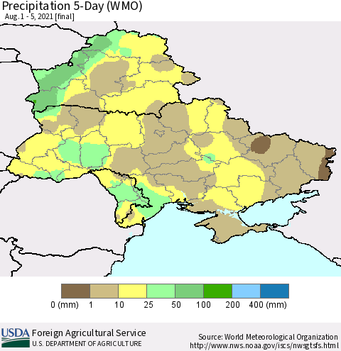 Ukraine, Moldova and Belarus Precipitation 5-Day (WMO) Thematic Map For 8/1/2021 - 8/5/2021