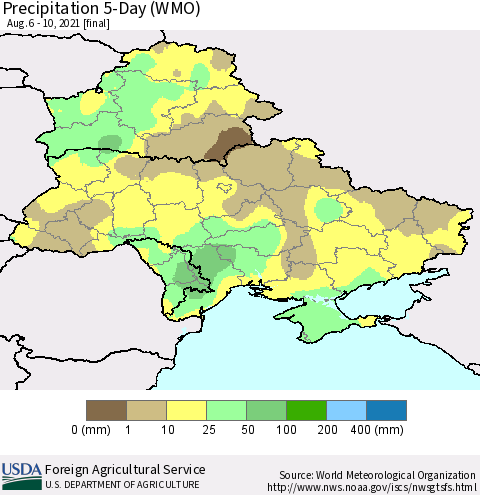 Ukraine, Moldova and Belarus Precipitation 5-Day (WMO) Thematic Map For 8/6/2021 - 8/10/2021