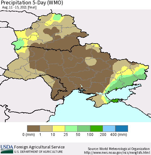 Ukraine, Moldova and Belarus Precipitation 5-Day (WMO) Thematic Map For 8/11/2021 - 8/15/2021