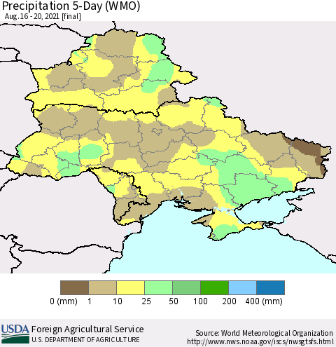 Ukraine, Moldova and Belarus Precipitation 5-Day (WMO) Thematic Map For 8/16/2021 - 8/20/2021