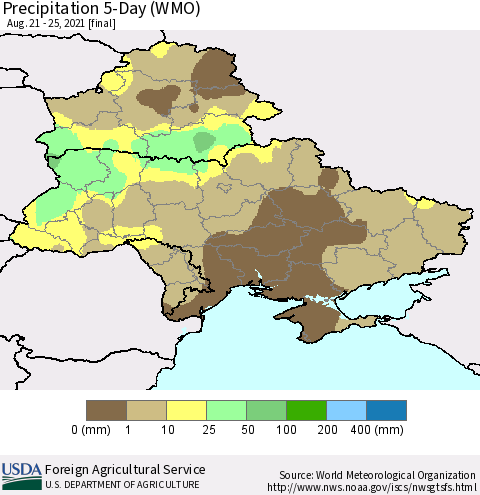 Ukraine, Moldova and Belarus Precipitation 5-Day (WMO) Thematic Map For 8/21/2021 - 8/25/2021