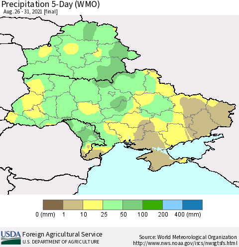 Ukraine, Moldova and Belarus Precipitation 5-Day (WMO) Thematic Map For 8/26/2021 - 8/31/2021