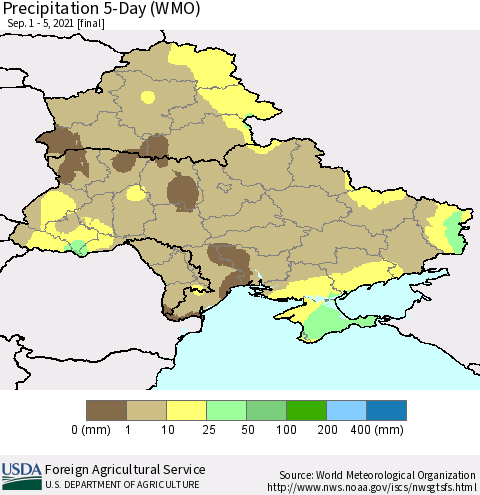 Ukraine, Moldova and Belarus Precipitation 5-Day (WMO) Thematic Map For 9/1/2021 - 9/5/2021