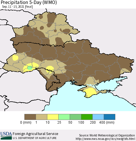 Ukraine, Moldova and Belarus Precipitation 5-Day (WMO) Thematic Map For 9/11/2021 - 9/15/2021