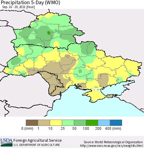Ukraine, Moldova and Belarus Precipitation 5-Day (WMO) Thematic Map For 9/16/2021 - 9/20/2021
