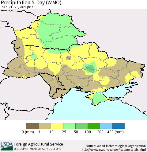 Ukraine, Moldova and Belarus Precipitation 5-Day (WMO) Thematic Map For 9/21/2021 - 9/25/2021