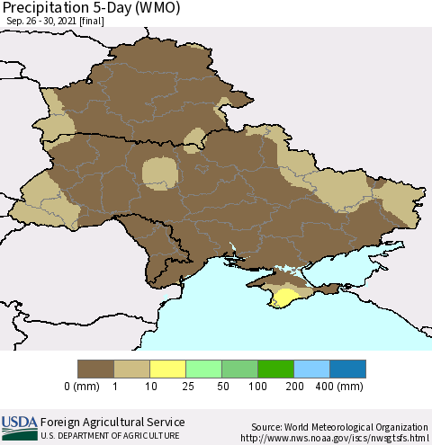 Ukraine, Moldova and Belarus Precipitation 5-Day (WMO) Thematic Map For 9/26/2021 - 9/30/2021