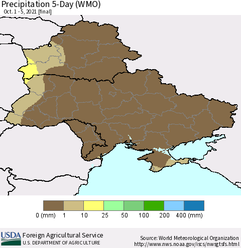 Ukraine, Moldova and Belarus Precipitation 5-Day (WMO) Thematic Map For 10/1/2021 - 10/5/2021