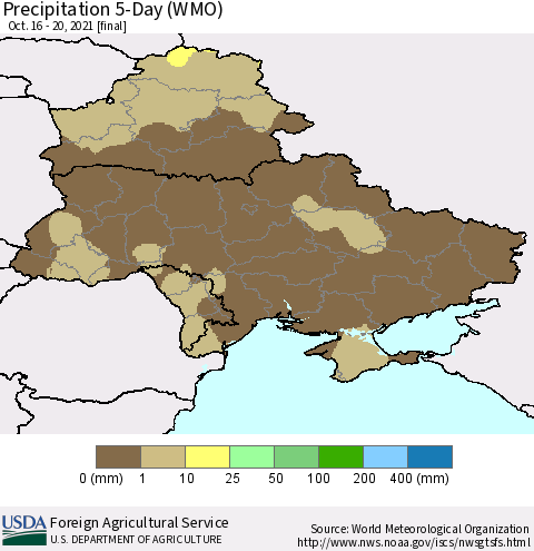 Ukraine, Moldova and Belarus Precipitation 5-Day (WMO) Thematic Map For 10/16/2021 - 10/20/2021