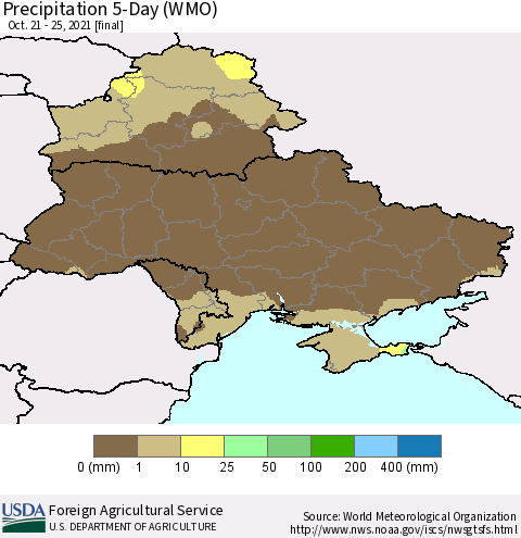 Ukraine, Moldova and Belarus Precipitation 5-Day (WMO) Thematic Map For 10/21/2021 - 10/25/2021