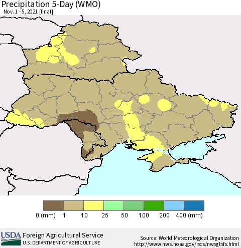 Ukraine, Moldova and Belarus Precipitation 5-Day (WMO) Thematic Map For 11/1/2021 - 11/5/2021