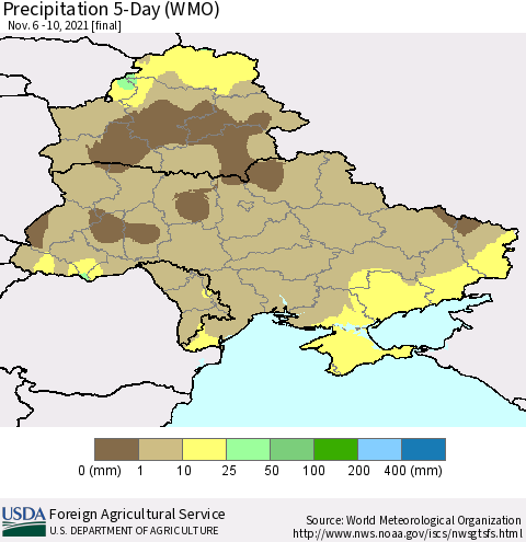 Ukraine, Moldova and Belarus Precipitation 5-Day (WMO) Thematic Map For 11/6/2021 - 11/10/2021