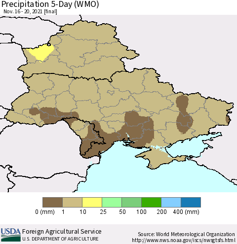 Ukraine, Moldova and Belarus Precipitation 5-Day (WMO) Thematic Map For 11/16/2021 - 11/20/2021