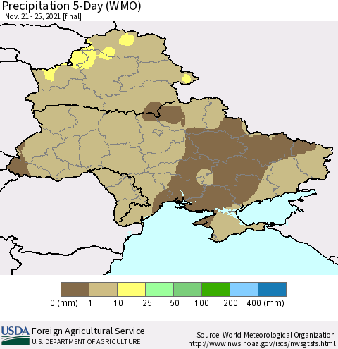 Ukraine, Moldova and Belarus Precipitation 5-Day (WMO) Thematic Map For 11/21/2021 - 11/25/2021