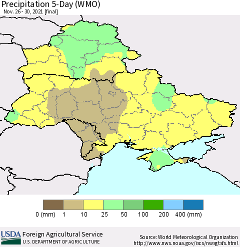 Ukraine, Moldova and Belarus Precipitation 5-Day (WMO) Thematic Map For 11/26/2021 - 11/30/2021