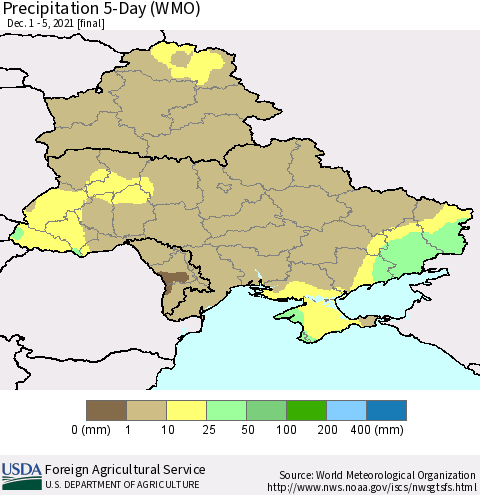 Ukraine, Moldova and Belarus Precipitation 5-Day (WMO) Thematic Map For 12/1/2021 - 12/5/2021