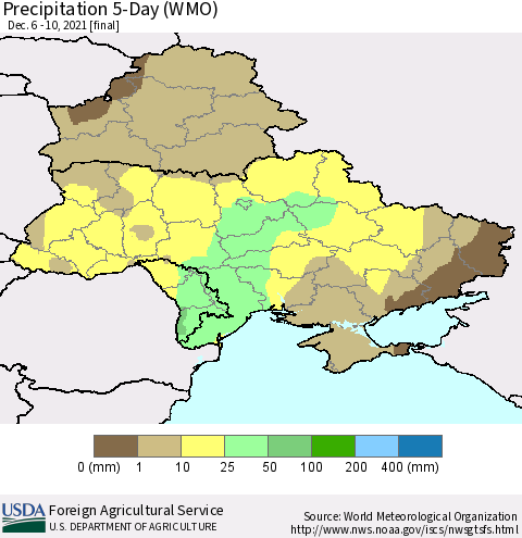 Ukraine, Moldova and Belarus Precipitation 5-Day (WMO) Thematic Map For 12/6/2021 - 12/10/2021