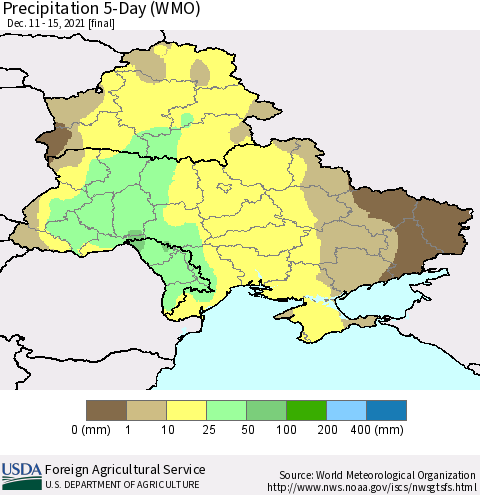 Ukraine, Moldova and Belarus Precipitation 5-Day (WMO) Thematic Map For 12/11/2021 - 12/15/2021