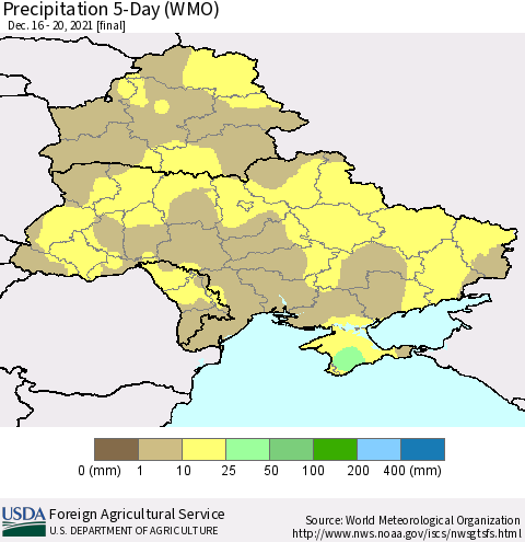 Ukraine, Moldova and Belarus Precipitation 5-Day (WMO) Thematic Map For 12/16/2021 - 12/20/2021