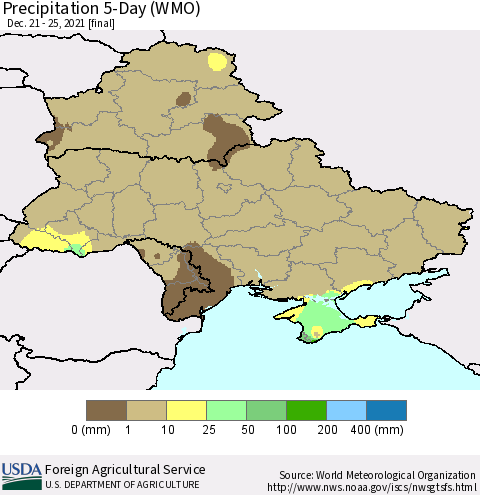 Ukraine, Moldova and Belarus Precipitation 5-Day (WMO) Thematic Map For 12/21/2021 - 12/25/2021