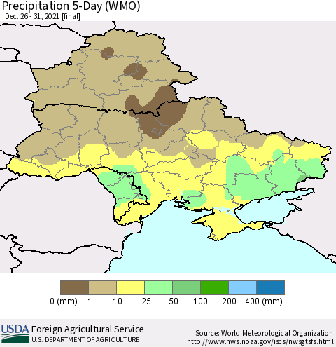 Ukraine, Moldova and Belarus Precipitation 5-Day (WMO) Thematic Map For 12/26/2021 - 12/31/2021