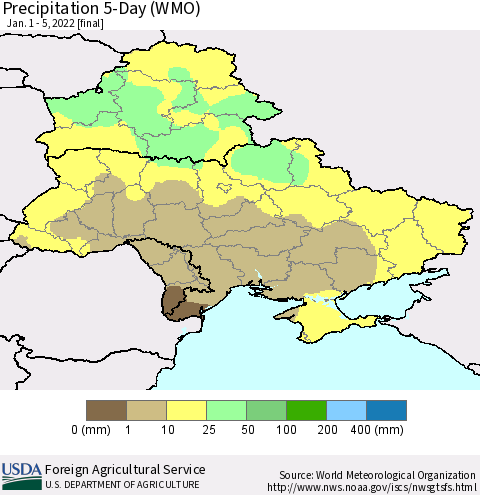 Ukraine, Moldova and Belarus Precipitation 5-Day (WMO) Thematic Map For 1/1/2022 - 1/5/2022
