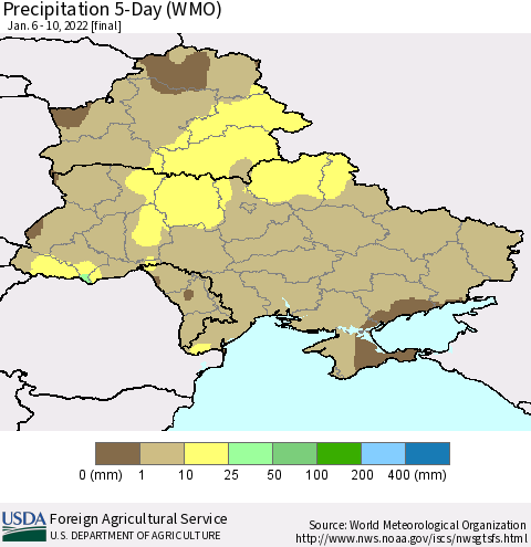 Ukraine, Moldova and Belarus Precipitation 5-Day (WMO) Thematic Map For 1/6/2022 - 1/10/2022