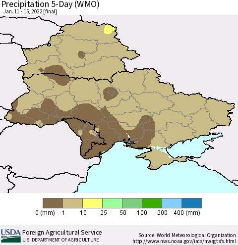 Ukraine, Moldova and Belarus Precipitation 5-Day (WMO) Thematic Map For 1/11/2022 - 1/15/2022
