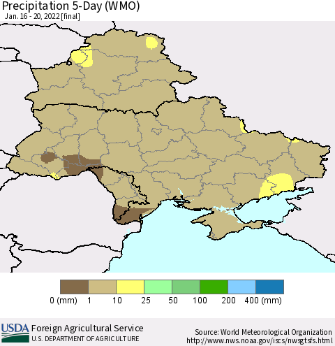Ukraine, Moldova and Belarus Precipitation 5-Day (WMO) Thematic Map For 1/16/2022 - 1/20/2022