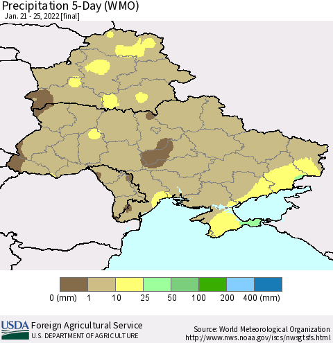 Ukraine, Moldova and Belarus Precipitation 5-Day (WMO) Thematic Map For 1/21/2022 - 1/25/2022