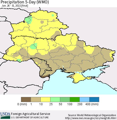 Ukraine, Moldova and Belarus Precipitation 5-Day (WMO) Thematic Map For 1/26/2022 - 1/31/2022