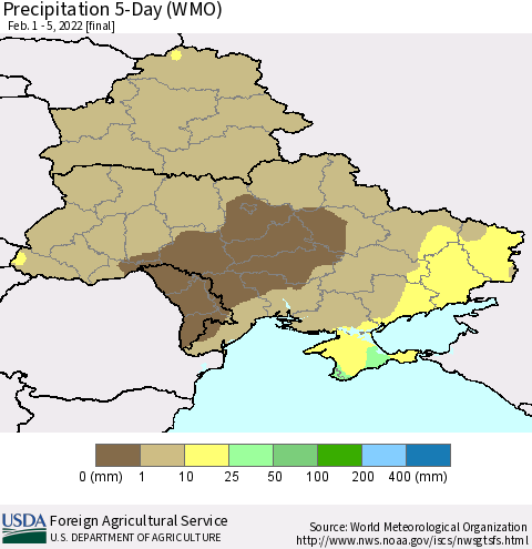 Ukraine, Moldova and Belarus Precipitation 5-Day (WMO) Thematic Map For 2/1/2022 - 2/5/2022