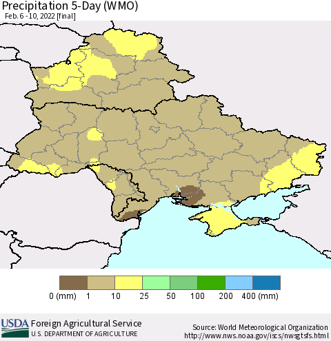 Ukraine, Moldova and Belarus Precipitation 5-Day (WMO) Thematic Map For 2/6/2022 - 2/10/2022