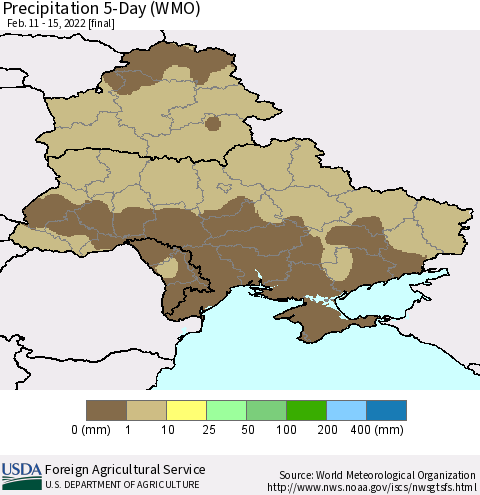 Ukraine, Moldova and Belarus Precipitation 5-Day (WMO) Thematic Map For 2/11/2022 - 2/15/2022